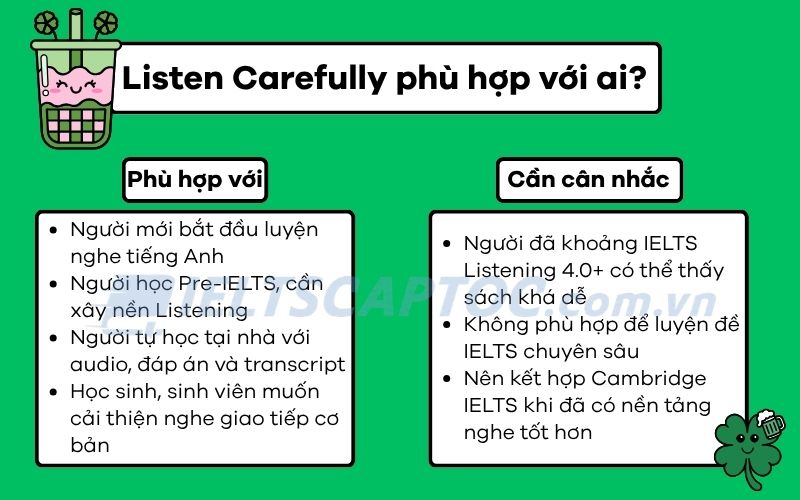 Listen Carefully PDF + Audio: Review sách cho Pre-IELTS 1 Listen Carefully phù hợp với ai?