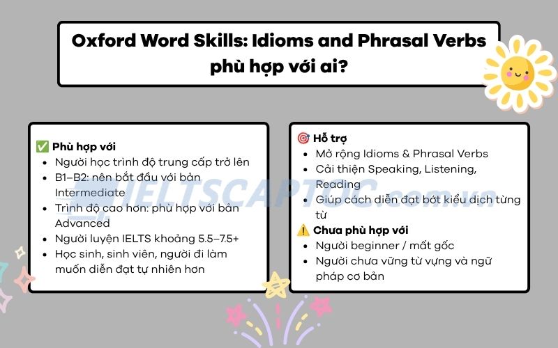 Review sách Oxford Word Skills: Idioms and Phrasal Verbs PDF 1 Oxford Word Skills: Idioms and Phrasal Verbs phù hợp với ai?