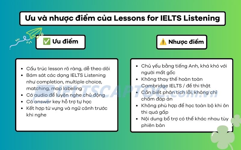 Review Lessons For IELTS Listening: PDF + Audio cho người tự học 2 Ưu và nhược điểm của Lessons for IELTS Listening