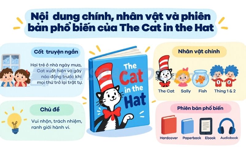 Review The Cat in the Hat Book cho trẻ học tiếng Anh, tải PDF 2 Nội dung chính, nhân vật và phiên bản phổ biến của The Cat in the Hat